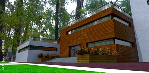 Giant relict trees above newly constructed house with wooden facade and white brick tile finishing. 3d rendering.