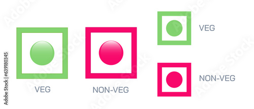Vegetarian symbols and non vegetarian symbol. The green dot indentifies lacto vegetarian food, and the redish brown triangle symbol identifies non vegetarian food. New transformed symbol