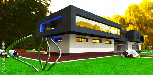 The modern house with the lawn in the autumn forest. Steel installation and balls on the grass. Yellow trees behind. 3d rendering.