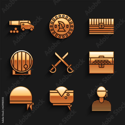 Set Crossed pirate swords, Pirate hat, Sailor captain, Antique treasure chest, bandana for head, Wooden barrel, and Cannon with cannonballs icon. Vector