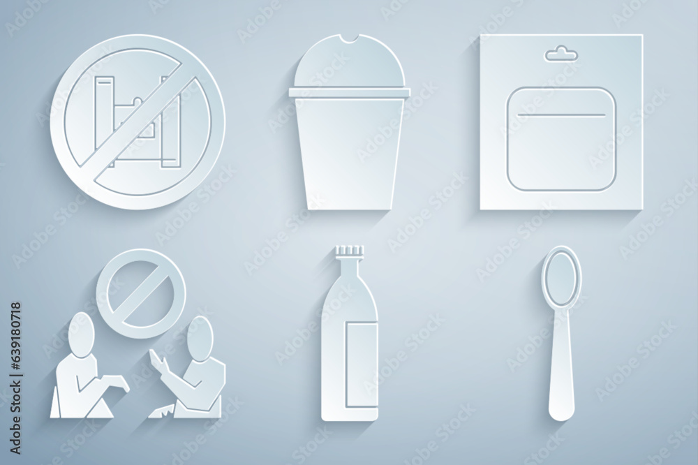 Set Lotion cosmetic tube, Battery in pack, Stop plastic pollution, Disposable spoon, Paper glass water and Say no bags poster icon. Vector