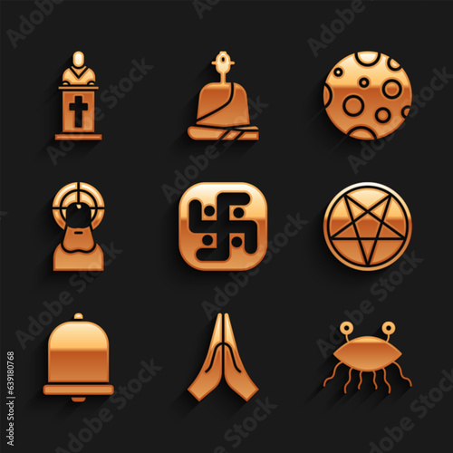 Set Jainism, Hands praying position, Pastafarianism, Pentagram circle, Church bell, Jesus Christ, Moon and pastor preaching icon. Vector