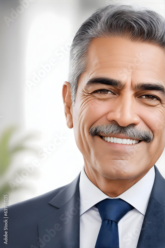 Confident Indian & Latin CEO Leader in Close-Up Headshot Portrait on Office Background. Smiling Handsome Mature Businessman. Hispanic Senior Executive Image for Stock