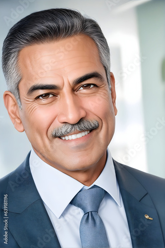 Confident Indian/Latin CEO Leader in Headshot Close-Up Portrait. Handsome Mature Businessman Smiling on Blurred Office Backdrop. Hispanic Senior Executive, Middle-Age Charm. Stock Photo