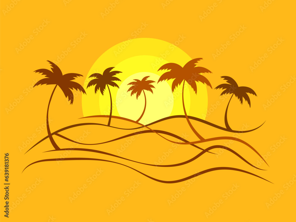 Line landscape outline with palm trees and rising sun on a orange background. Summer tropical landscape in a minimalist style. Design for printing t-shirt and banner. Vector illustration