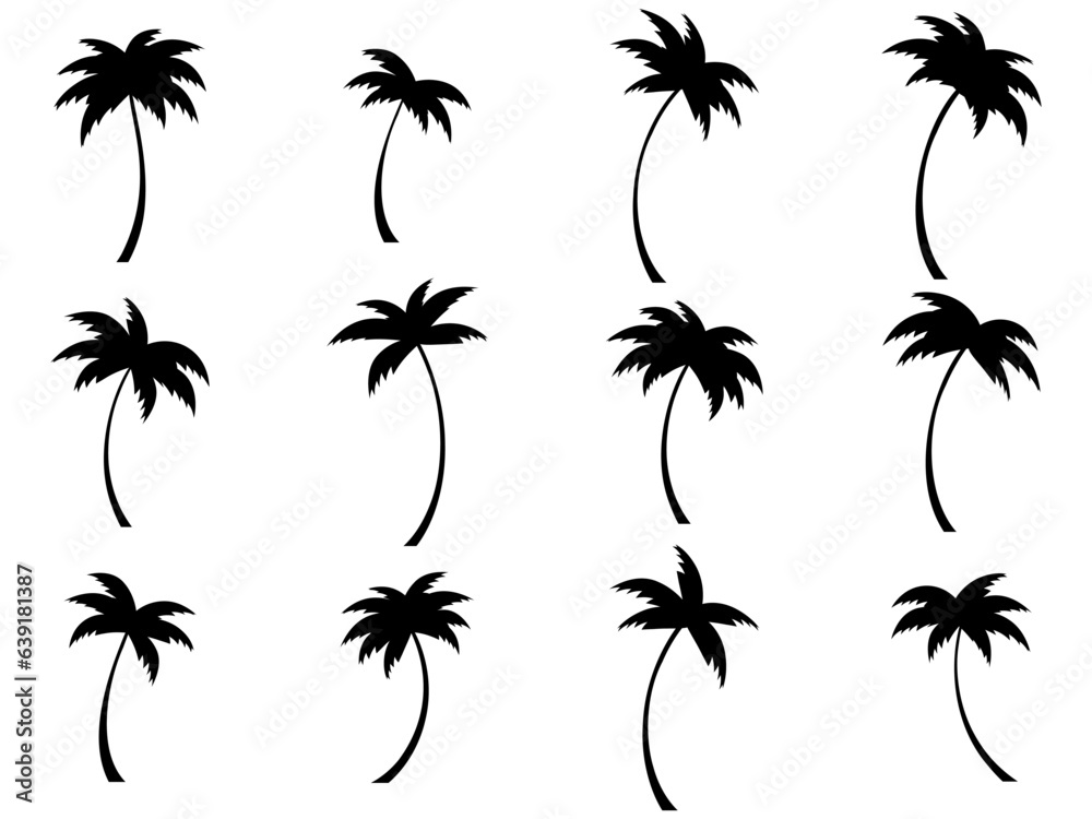 Set of black silhouettes of palm trees isolated on white background. Large collection of palm tree designs for posters and promotional items. Vector illustration