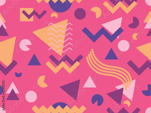 Memphis seamless pattern with geometric shapes in 80s and 90s style. Geometric shapes of different shapes and colors. Design of promotional products, wrapping paper and printing. Vector illustration