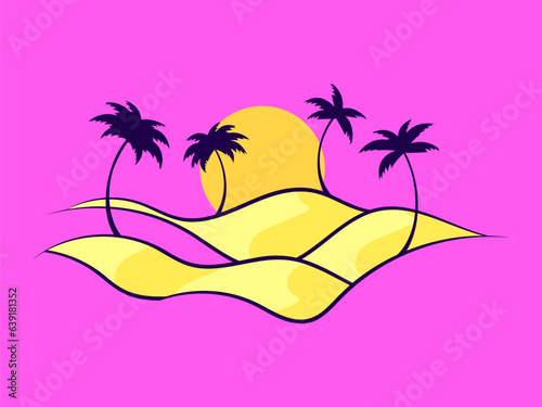 Desert landscape with palm trees and sand dunes isolated on pink background. Sunrise in the desert, sand dunes with silhouettes of palm trees. Design for print, banner and poster. Vector illustration