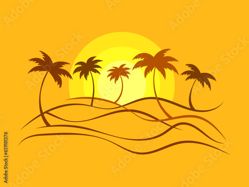 Line landscape outline with palm trees and rising sun on a orange background. Summer tropical landscape in a minimalist style. Design for printing t-shirt and banner. Vector illustration
