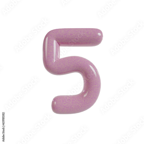 Round 3d glossy number vector. 5 Shiny pink yellow realistic texture surface.