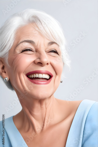 Vibrant Smiling 50s Senior Woman: Grey-Haired Beauty Laughing & Smiling. Close-Up Portrait of Healthy, Gorgeous Elderly Model. Skincare, Beauty, Cosmetics & Dental Concepts. Stock Photo.