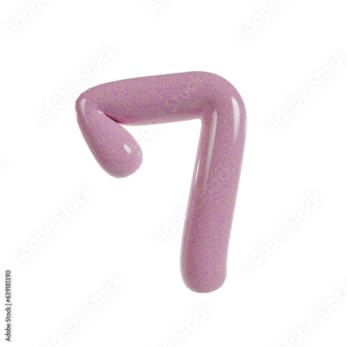 Round 3d glossy number vector. 7 Shiny pink yellow realistic texture surface.