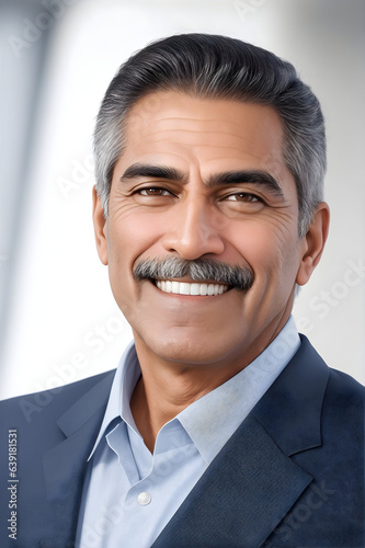 Confident Indian & Latin CEO Leader Headshot on Office Background. Smiling Mature Businessman, Handsome Hispanic Senior. Stock Photo
