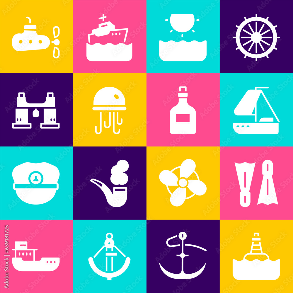 Set Floating buoy, Flippers for swimming, Yacht sailboat, Sun, Jellyfish, Binoculars, Submarine and Rum bottle icon. Vector Set Floating buoy, Flippers for swimming, Yacht sailboat, Sun, Jellyfish, Binoculars, Submarine and Rum bottle icon. Vector