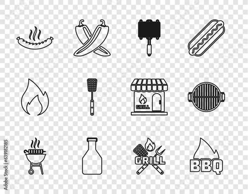 Set line Barbecue grilled shish kebab, fire flame, steel grid, Ketchup bottle, Sausage, spatula, Crossed fork and and icon. Vector