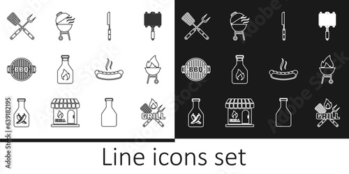 Set line Crossed fork and spatula, Barbecue grill, knife, Ketchup bottle, Hotdog sandwich and icon. Vector