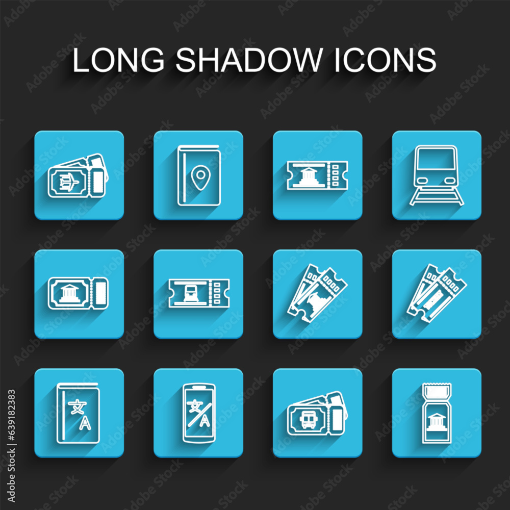 Set line Translator book, Online translator, Airline ticket, Bus, Museum, Train, Ticket and icon. Vector Set line Translator book, Online translator, Airline ticket, Bus, Museum, Train, Ticket and icon. Vector