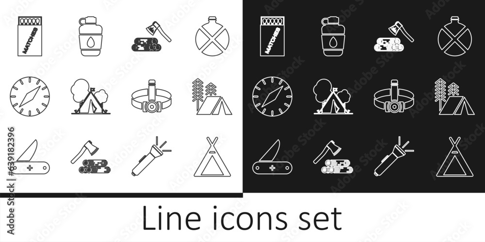 Set line Tourist tent, Wooden axe and wood, with flag, Compass, Open matchbox matches, Head flashlight and Canteen water bottle icon. Vector