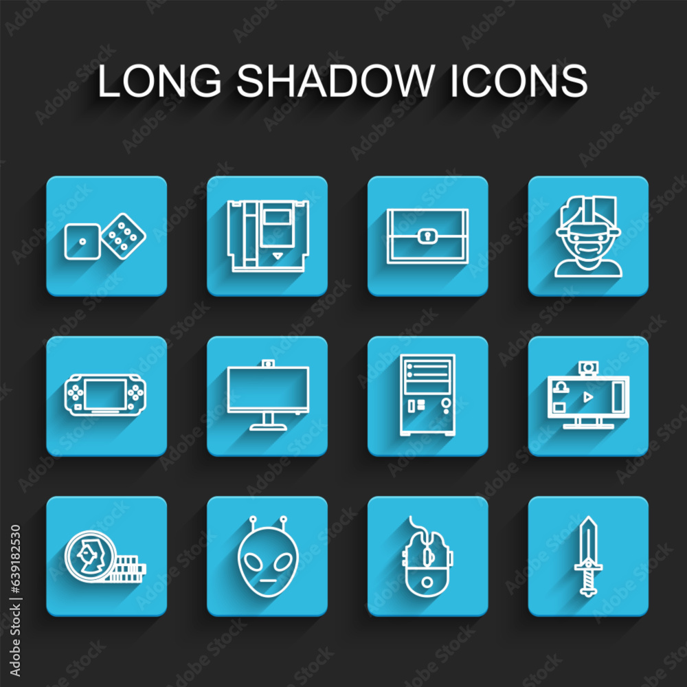 Set line Coin for game, Alien, Game dice, Computer mouse gaming, Sword, monitor, Live streaming online and icon. Vector Set line Coin for game, Alien, Game dice, Computer mouse gaming, Sword, monitor, Live streaming online and icon. Vector