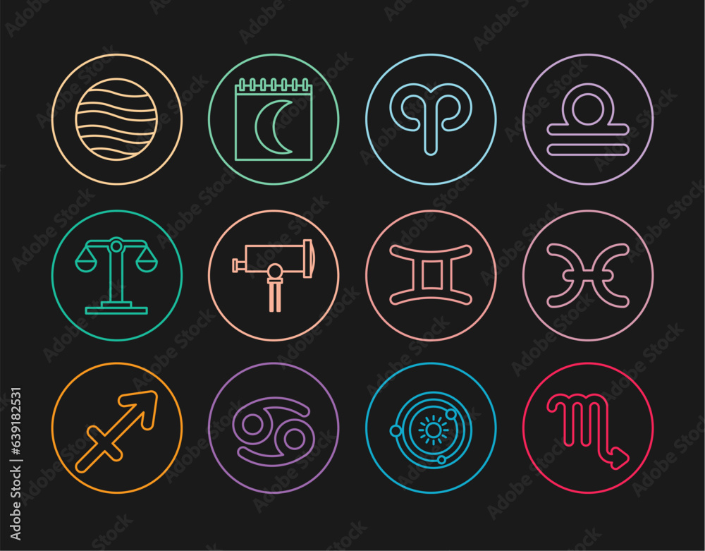 Set line Scorpio zodiac, Pisces, Aries, Telescope, Libra, Planet Jupiter, Gemini and Moon phases calendar icon. Vector