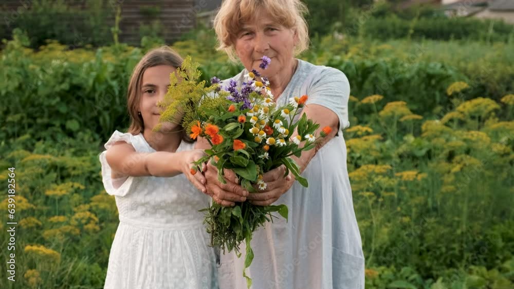 Grandmother and granddaughter with medicinal herbs. Selective focus. Grandmother and granddaughter with medicinal herbs. Selective focus.
