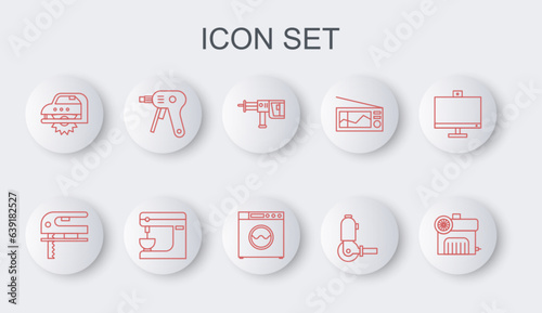 Set line Air compressor, Electric jigsaw, Rotary hammer drill machine, Angle grinder, circular, hot glue gun, mixer and Washer icon. Vector