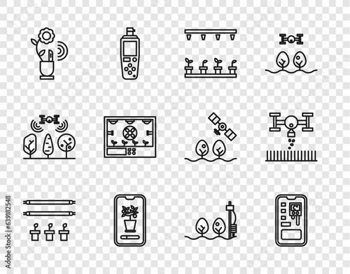 Set line Smart farm with bulb and plant, control farming system, Automatic irrigation sprinklers, technology, Standalone sensor and drone icon. Vector