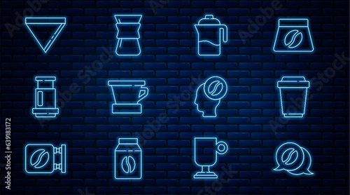 Set line Coffee and conversation, cup to go, French press, V60 coffee maker, Aeropress, paper filter, Barista and Pour over icon. Vector