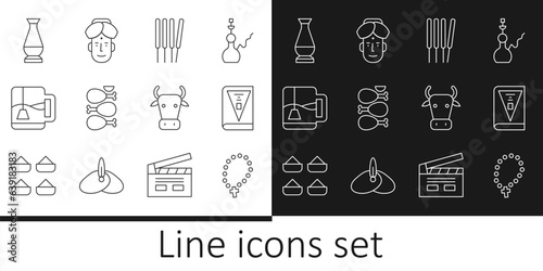 Set line Rosary beads religion, India constitution day, Aroma sticks, incense, Tandoori chicken, Cup of tea with tea bag, Indian vase, Cow and man icon. Vector