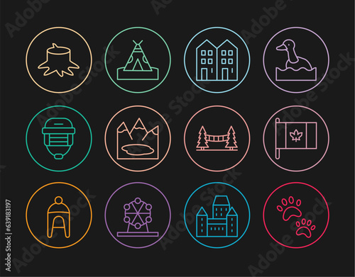 Set line Paw print, Flag of Canada, House, Canadian lake, Hockey helmet, Tree stump, Capilano Suspension Bridge and Indian teepee or wigwam icon. Vector