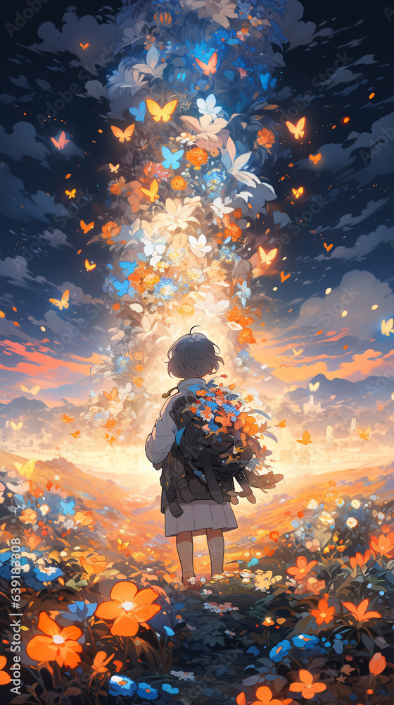 illustration of boy standing in front of glowing flowers in dark forest