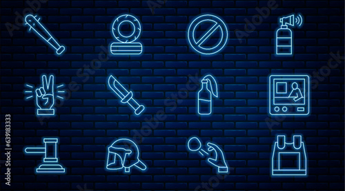 Set line Bulletproof vest, Television report, Ban, Military knife, Hand showing two finger, Baseball bat with nails, Cocktail molotov and Lying burning tires icon. Vector