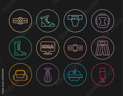 Set line Punching bag, Boxing short, Groin guard, Fight club MMA, Sport boxing shoes, belt, and icon. Vector