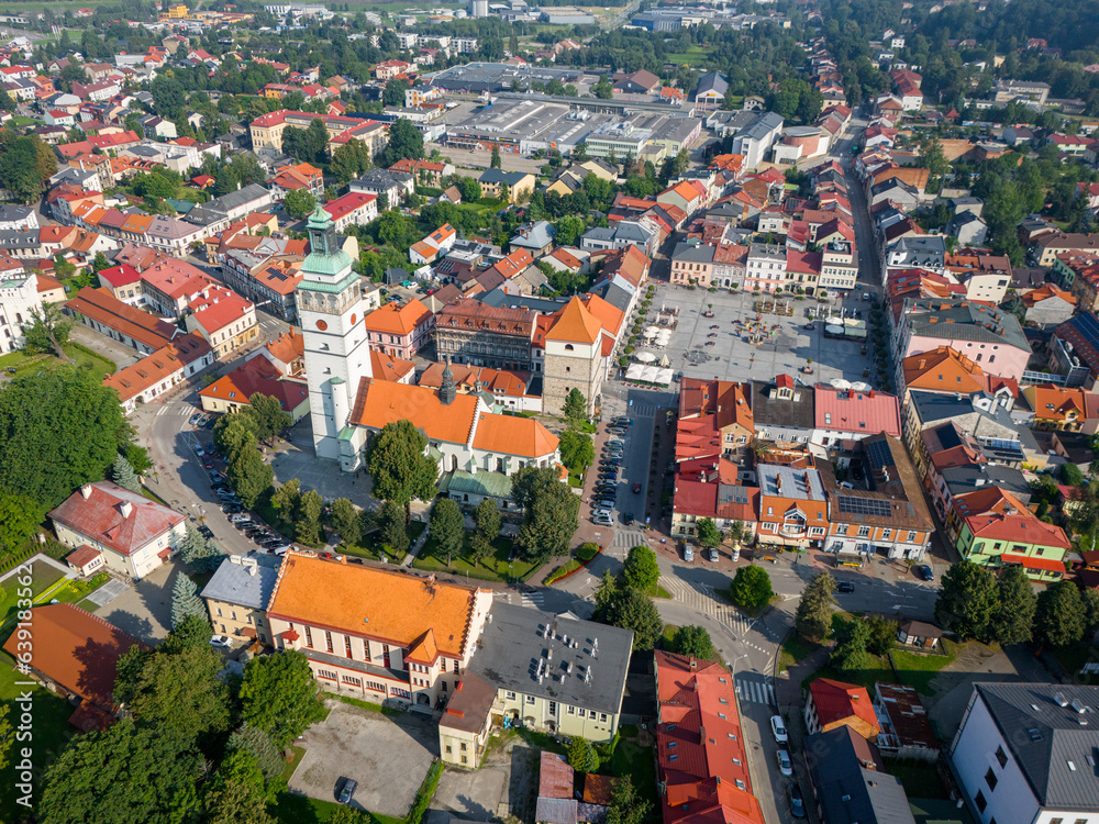 Aerial view of Zywiec. The old town of Zywiec, traditional architecture and the surrounding mountains of the Silesian Beskids and the Zywiec Beskids. Silesian Voivodeship. Poland. 