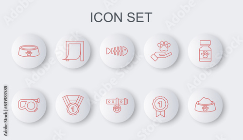 Set line Pet food bowl, Retractable cord leash, Fish skeleton, Dog award symbol, Door for pet, and Collar with name tag icon. Vector