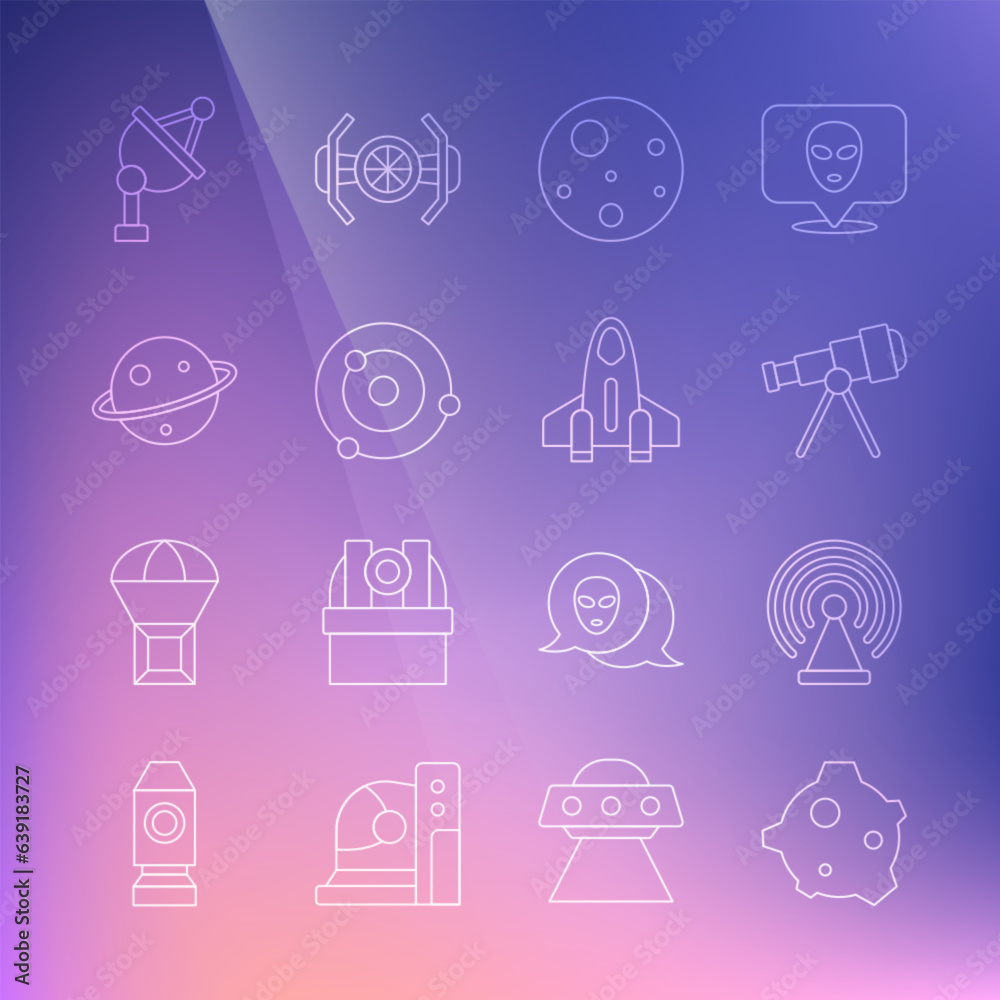 Set line Asteroid, Radar, Telescope, Planet Mars, Solar system, Saturn, Satellite dish and Rocket ship icon. Vector Set line Asteroid, Radar, Telescope, Planet Mars, Solar system, Saturn, Satellite dish and Rocket ship icon. Vector