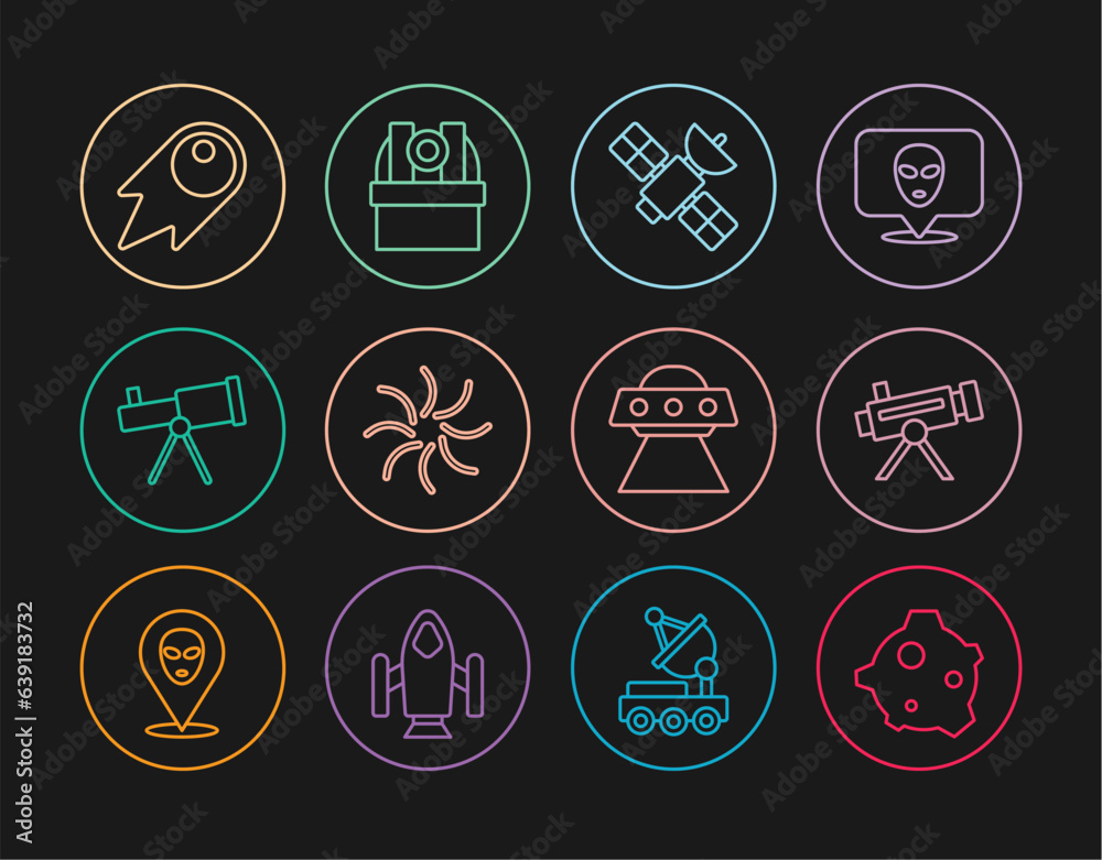 Set line Asteroid, Telescope, Satellite, Black hole, Comet falling down fast, UFO flying spaceship and Astronomical observatory icon. Vector Set line Asteroid, Telescope, Satellite, Black hole, Comet falling down fast, UFO flying spaceship and Astronomical observatory icon. Vector