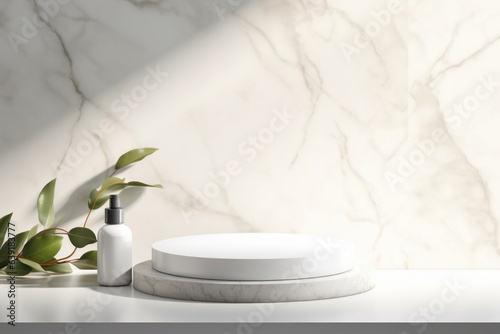 A beautiful empty podium on a light marble background with soap containers and space for your product or inscriptions . generative ai 