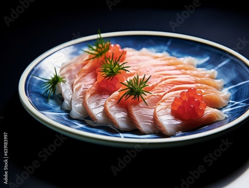 Konnyaku Sashimi with radiant textures and fresh green herbs on a rustic wooden board