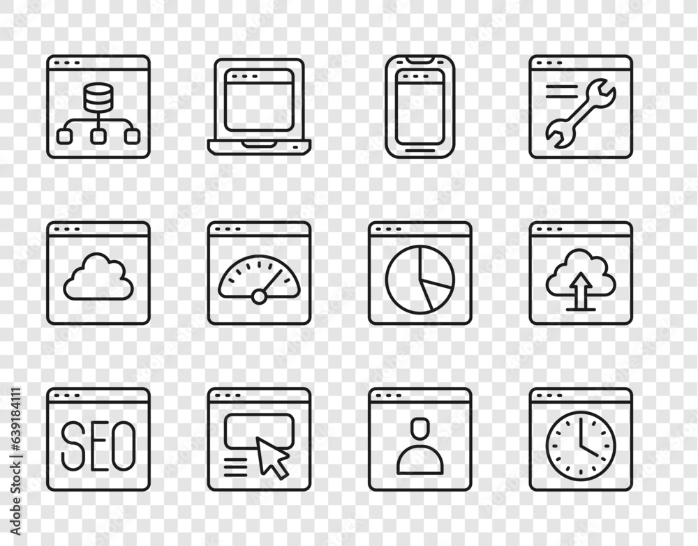 Set line SEO optimization, Browser window, Mobile phone, UI or UX design, Server, Data, Digital speed meter, Create account screen and Cloud upload icon. Vector Set line SEO optimization, Browser window, Mobile phone, UI or UX design, Server, Data, Digital speed meter, Create account screen and Cloud upload icon. Vector