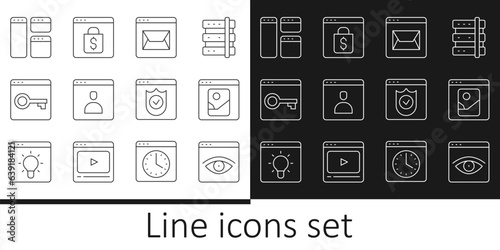Set line Browser incognito window, Photo retouching, Website and mail, Create account screen, Secure your with HTTPS, SSL, shield and Online shopping on icon. Vector