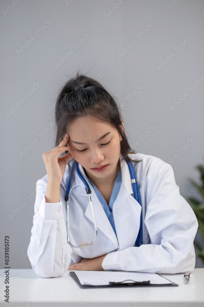 Close up portrait of tired female doctor sitting at the desktop and working on laptop in the office of modern clinic Close up portrait of tired female doctor sitting at the desktop and working on laptop in the office of modern clinic