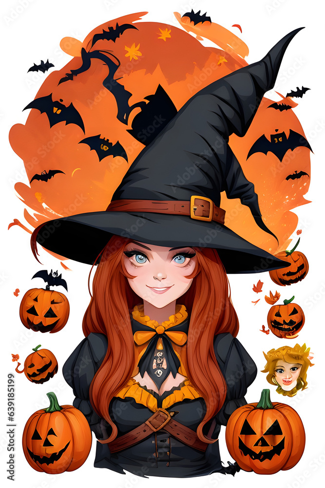 Halloween witch girl with pumpkins and bats. Vector illustration. Halloween witch girl with pumpkins and bats. Vector illustration.