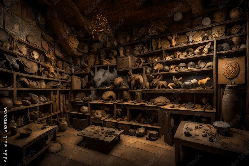 A hidden chamber holds a collection of artifacts depicting cryptic animals from folklore, inviting speculation about their origins and significance