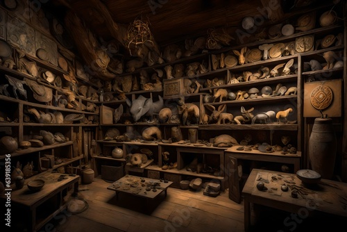 A hidden chamber holds a collection of artifacts depicting cryptic animals from folklore, inviting speculation about their origins and significance