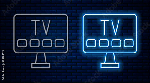 Glowing neon line Smart Tv icon isolated on brick wall background. Television sign. Vector