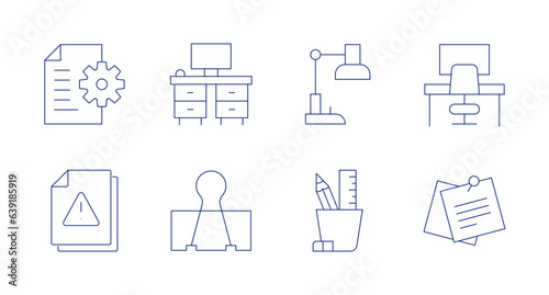 Office icons. Editable stroke. Containing document, office, study, workplace, file, paper clip, pencil holder, sticky note.