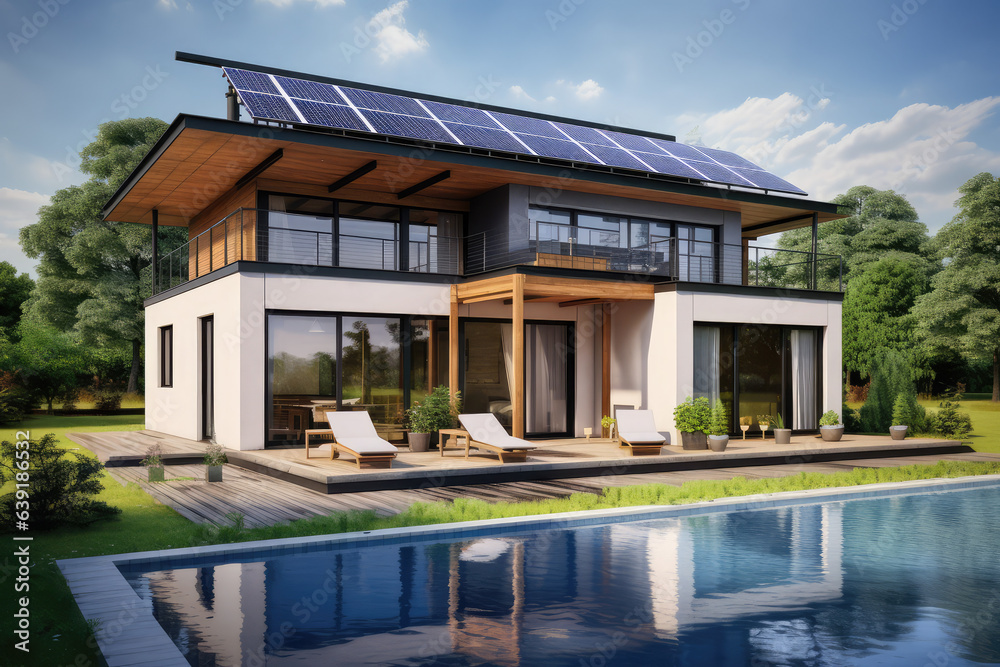 Modern house with solar panels, generative AI