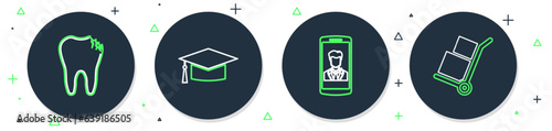 Set line Graduation cap, Smartphone with contact, Broken tooth and Hand truck and boxes icon. Vector