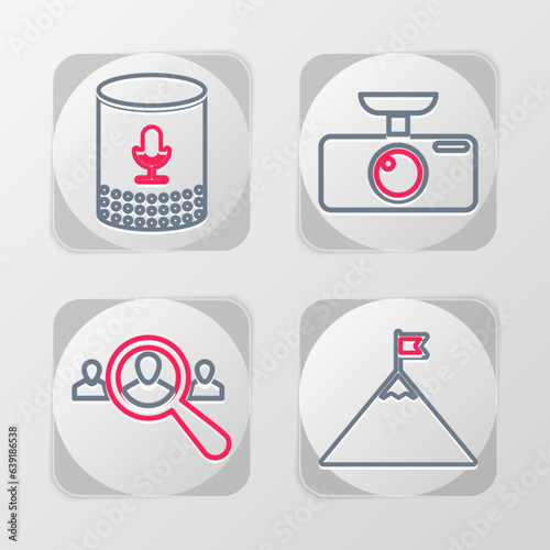 Set line Mountains and flag, Magnifying glass for search people, Car DVR and Voice assistant icon. Vector